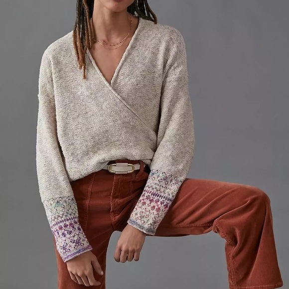 ANTHRO Pilcro Drew Surplice Sweater Faux Wrap Fair Isle Boho Cabincore Size XS - Picture 12 of 12